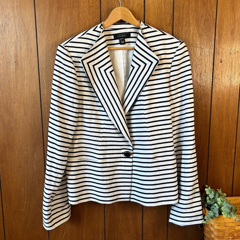 Vintage LOUBEN Striped Blazer Jacket Women Navy White Linen Blend Nautical 14